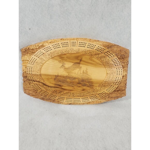 Hand Made Wood Deer Carving Cribbage Board with Deer Art Solid Board Cards